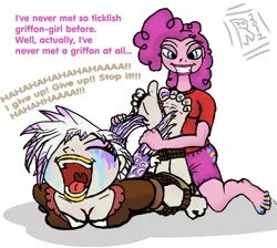 Size: 514x461 | Tagged: artist:rgevskiy, barefoot, crying, derpibooru import, eyes closed, feather, feet, female, fetish, gilda, gildapie, gritted teeth, humanized, laughing, lesbian, open mouth, pinkie pie, plantigrade anthro, safe, shipping, smiling, tickle fetish, tickle torture, tickling