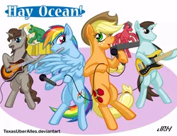 Size: 720x553 | Tagged: safe, artist:texasuberalles, derpibooru import, applejack, rainbow dash, ponified, earth pony, pegasus, pony, unicorn, ashleigh ball, background pony, bass guitar, david beckingham, david vertesi, drums, flute, guitar, hat, hey ocean, hey ocean!, keyboard, looking at you, microphone, musical instrument, pun, wing hands