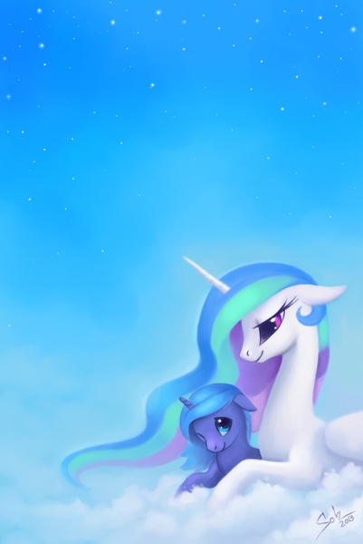 Size: 948x1417 | Tagged: safe, artist:scheadar, derpibooru import, princess celestia, princess luna, alicorn, pony, cloud, female, filly, looking at each other, on a cloud, sisters, woona, younger