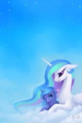 Size: 948x1417 | Tagged: safe, artist:scheadar, derpibooru import, princess celestia, princess luna, alicorn, pony, cloud, female, filly, looking at each other, on a cloud, sisters, woona, younger