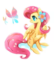 Size: 591x657 | Tagged: safe, artist:cizu, derpibooru import, fluttershy, butterfly, pegasus, pony, cute, female, flower, flower in hair, flower in tail, mare, profile, shyabetes, simple background, sitting, solo, white background