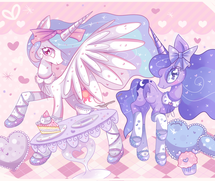 Size: 1200x1013 | Tagged: artist:ipun, bow, cake, clothes, cup, cute, cutelestia, derpibooru import, lunabetes, princess celestia, princess luna, safe, socks, tea party