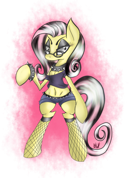 Size: 921x1262 | Tagged: safe, artist:blup-chan, derpibooru import, fluttershy, pegasus, pony, belly button, bipedal, bracelet, emo, emoshy, eyeliner, fishnets, glasses, goth, gothic, punk, simple background, spiked wristband, transparent background