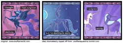 Size: 1200x420 | Tagged: semi-grimdark, derpibooru import, edit, edited screencap, screencap, nightmare moon, princess celestia, princess luna, alicorn, pony, friendship is magic, a softer world, cloud, comic, duo, eyes closed, female, guard, hooves, horn, mare, moon, night, night sky, on a cloud, pink-mane celestia, pointy ponies, raised hoof, rearing, royal sisters, screencap comic, sisters, sky, spread wings, standing on cloud, storybook, wings