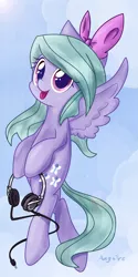 Size: 1417x2835 | Tagged: safe, artist:anggrc, derpibooru import, flitter, pegasus, pony, :p, cute, flitterbetes, flying, headphones, silly, solo, tongue out
