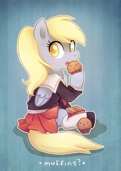 Size: 437x620 | Tagged: safe, artist:tsurime, derpibooru import, derpy hooves, pegasus, pony, clothes, female, mare, muffin, outfit, school uniform, schoolgirl, skirt, solo