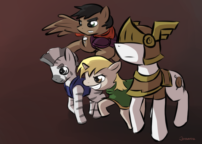 Size: 1018x728 | Tagged: safe, artist:johnnoz, derpibooru import, oc, unofficial characters only, earth pony, pegasus, pony, unicorn, zebra, abioye, armor, filchia, huzzercarwhel, pileus