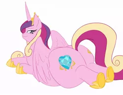 Size: 900x695 | Tagged: artist needed, suggestive, derpibooru import, princess cadance, alicorn, pony, bedroom eyes, belly, butt, draw me like one of your french girls, fat, lovebutt, plot, princess decadence, relaxing, solo, wide hips