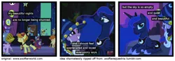 Size: 1200x420 | Tagged: a softer world, carrot top, clothes, costume, derpibooru import, edit, edited screencap, golden harvest, luna eclipsed, nightmare night, nightmare night costume, princess luna, safe, screencap, screencap comic, seafoam, sea swirl, spike, star swirl the bearded costume, twilight sparkle