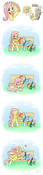 Size: 1250x5000 | Tagged: safe, artist:howxu, derpibooru import, discord, fluttershy, rainbow dash, blushing, butter, chinese text, comic, female, flutterdash, food, heart, lesbian, prank, prankstershy, shipping, sleeping, tickling, zzz