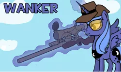 Size: 900x535 | Tagged: safe, artist:junkiekb, derpibooru import, edit, princess luna, alicorn, pony, cosplay, cutie mark, female, glasses, glowing horn, gun, hat, horn, levitation, magic, mare, optical sight, rifle, s1 luna, sniper, sniper rifle, solo, spread wings, sunglasses, team fortress 2, telekinesis, text, vulgar, weapon, wings