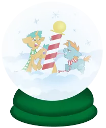 Size: 2285x2751 | Tagged: safe, artist:shiny-pebble, derpibooru import, snails, snips, clothes, pole, scarf, snow, snow globe, snowfall, snowflake, tongue out