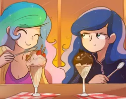 Size: 700x550 | Tagged: artist:keterok, clothes, cup, cute, derpibooru import, dessert, eyes closed, female, food, human, humanized, ice cream, jacket, princess celestia, princess luna, safe, shirt, siblings, sisters, smiling, spoon