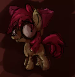 Size: 700x717 | Tagged: semi-grimdark, artist:zestyoranges, derpibooru import, apple bloom, earth pony, female, filly, looking at you, solo