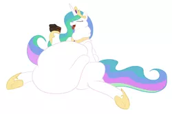 Size: 1280x849 | Tagged: artist:drumstickpony, belly, cake, cakelestia, chubbylestia, dead source, derpibooru import, eating, fat, impossibly large belly, morbidly obese, obese, princess celestia, safe, stuffed, weight gain