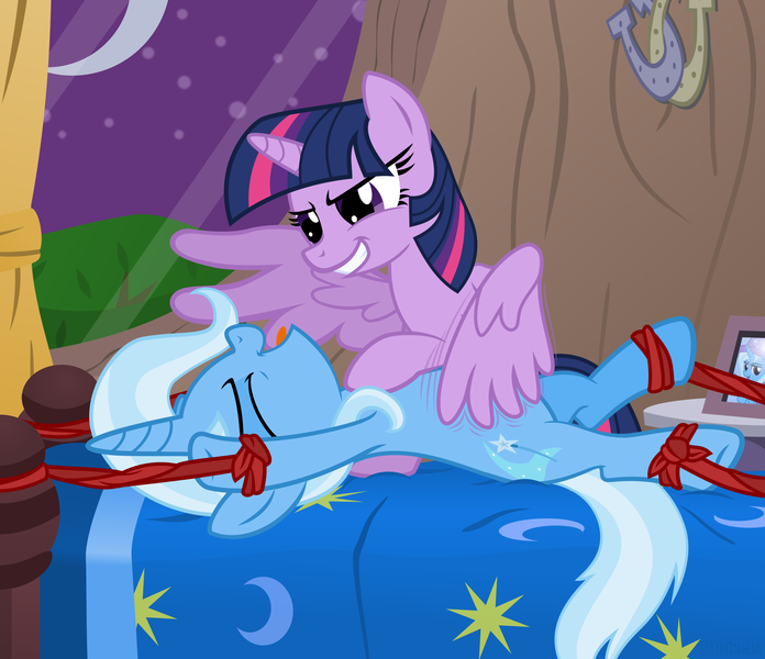 Size: 1740x1500 | Tagged: questionable, artist:the smiling pony, derpibooru import, trixie, twilight sparkle, twilight sparkle (alicorn), alicorn, pony, unicorn, bed, bondage, female, femdom, femsub, grin, lesbian, mare, shipping, smiling, submissive, the weak and powerless trixie, tickling, twidom, twixie