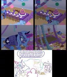 Size: 1333x1540 | Tagged: safe, artist:dalapony, artist:the weaver, derpibooru import, edit, applejack, pinkie pie, princess celestia, princess luna, twilight sparkle, alicorn, pony, unicorn, a dash of weaver makes everything better, alternate ending, birthday, birthday party, comic, crying, eyes closed, female, filly, forgotten birthday, good end, mare, open mouth, party, question mark, s1 luna, sad, smiling, star of the giants, table flip, weaver you magnificent bastard, woona