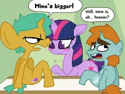 Size: 800x600 | Tagged: suggestive, artist:the weaver, derpibooru import, snails, snips, twilight sparkle, pony, unicorn, blushing, colt, female, foalcon, implied penis, male, mare, ms paint, penis size difference, scene parody, sweat