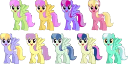 Size: 5000x2512 | Tagged: safe, artist:silvervectors, derpibooru import, bons away, cloud kicker, lily, lily valley, merry may, skyra, spring skies, starsong, sugar apple, sunny rays, earth pony, pegasus, pony, background pony, female, lavender skies, mare, recolor, reference sheet, simple background, skyra heartstrings, transparent background, vector