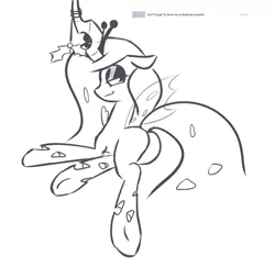 Size: 1035x1005 | Tagged: artist needed, bugbutt, butt, crown, derpibooru import, holly, holly mistaken for mistletoe, jewelry, looking at you, looking back, looking back at you, monochrome, plot, queen chrysalis, regalia, simple background, smiling, smiling at you, smirk, suggestive, text, white background