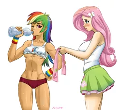 Size: 1000x908 | Tagged: artist:flick-the-thief, artist:rammbrony, belly button, blushing, breasts, busty fluttershy, clothes, derpibooru import, edit, exercise, female, females only, fluttershy, human, human coloration, humanized, rainbow dash, rainbuff dash, shorts, skirt, suggestive, sweat, underboob, wristband