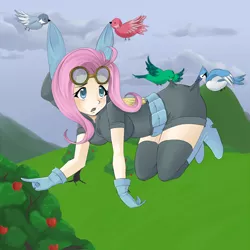 Size: 700x700 | Tagged: artist:cielaart, big breasts, bird, boots, breasts, bunny ears, busty fluttershy, caught, clothes, cute, dangerous mission outfit, derpibooru import, female, fluttershy, gloves, goggles, hoodie, human, humanized, safe, scared, shoes, solo, stockings, winged humanization, wings