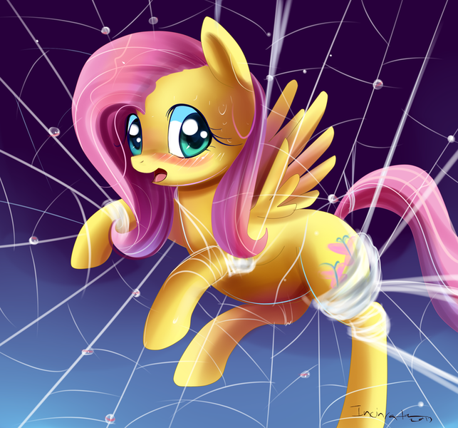 Size: 800x747 | Tagged: suggestive, artist:incinerater, derpibooru import, fluttershy, blushing, bondage, spider web, suspended, trapped