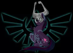 Size: 1600x1158 | Tagged: safe, artist:ciscoql, derpibooru import, twilight sparkle, twilight sparkle (alicorn), alicorn, pony, black background, crossover, female, glow, helmet, logo, looking at you, mare, midna, midna sparkle, pun, simple background, sitting, smiling, tattoo, the legend of zelda, the legend of zelda: twilight princess, triforce