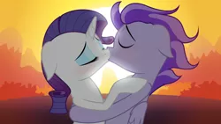 Size: 1920x1080 | Tagged: safe, derpibooru import, rarity, oc, oc:kydose, pegasus, pony, unicorn, blushing, canon x oc, embrace, eyes closed, kissing, mountain, raridose, romantic, shipping, sunset