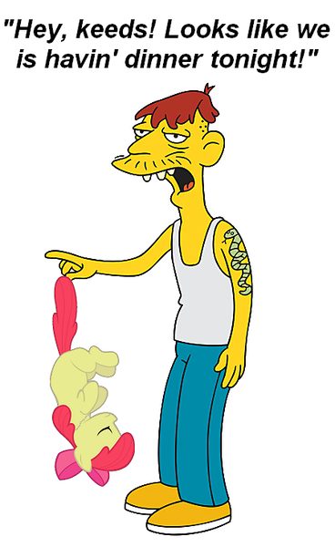 Size: 450x733 | Tagged: safe, artist:agryx, derpibooru import, apple bloom, earth pony, human, pony, cletus spuckler, dark comedy, female, filly, hillbilly, redneck, redneck joke, the simpsons, unconscious