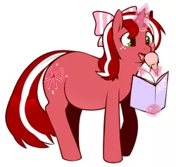 Size: 1313x1249 | Tagged: safe, artist:redintravenous, derpibooru import, oc, oc:red ribbon, unofficial characters only, pony, unicorn, book, bow, butts, chubby, fat, hair bow, ice cream, licking, magic, reading, simple background, solo, tongue out, white background