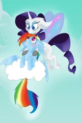Size: 1280x1920 | Tagged: artificial wings, augmented, cloud, cloudy, collaboration, derpibooru import, female, fluffy, lesbian, magic, magic wings, rainbow dash, raridash, rarity, safe, shipping, sky, wings