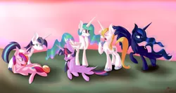 Size: 2500x1331 | Tagged: safe, artist:miroslav46, derpibooru import, prince blueblood, princess cadance, princess celestia, princess luna, shining armor, twilight sparkle, twilight sparkle (alicorn), alicorn, pony, female, mare