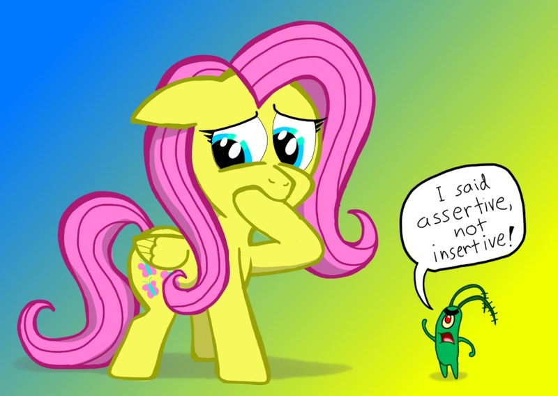 Size: 1024x727 | Tagged: artist:petirep, assertive, crossover, derpibooru import, fluttershy, safe, sheldon j. plankton, spongebob squarepants, walking small