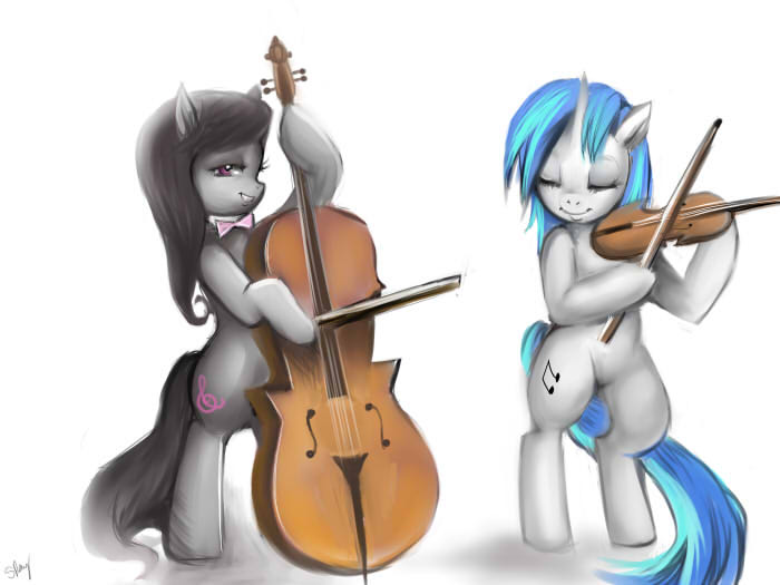 Size: 700x525 | Tagged: cello, derpibooru import, musical instrument, octavia melody, safe, vinyl scratch, violin