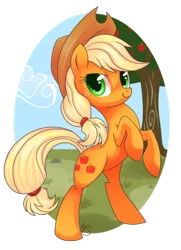 Size: 600x831 | Tagged: safe, artist:ieatedaunicorn, derpibooru import, applejack, pony, bipedal, rearing, solo, tree