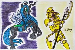 Size: 856x574 | Tagged: artist:stealthninja5, bionicle, crossover, derpibooru import, lego, queen chrysalis, safe, takanuva, traditional art