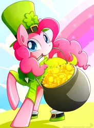 Size: 968x1324 | Tagged: safe, artist:frankier77, derpibooru import, pinkie pie, earth pony, pony, candy, clothes, female, gold, leprechaun, leprechaun hat, lollipop, looking at you, mare, mouth hold, pot, pot of gold, rainbow, saint patrick's day, solo