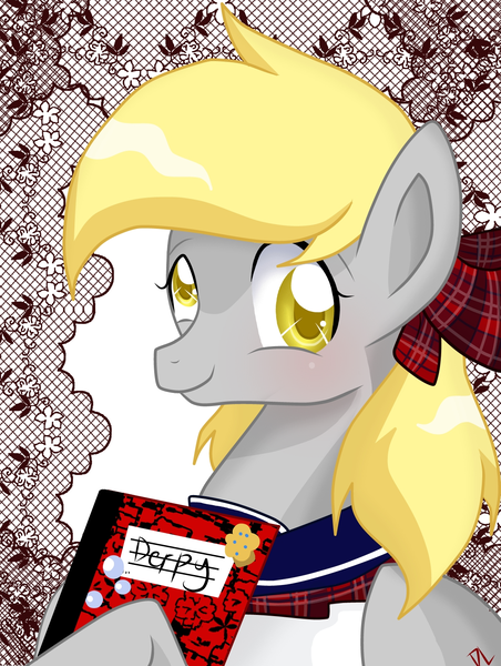 Size: 1208x1602 | Tagged: safe, artist:derpsonhooves, derpibooru import, derpy hooves, pegasus, pony, book, bow, clothes, cute, female, happy, journal, mare, notebook, schoolgirl, smiling, solo