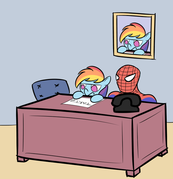 Size: 800x831 | Tagged: artist:perrydotto, crossover, derpibooru import, desk, rainbow dash, safe, spider-man, unenthused