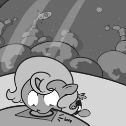 Size: 800x800 | Tagged: safe, artist:perrydotto, derpibooru import, princess luna, pony, boop, button, grayscale, missile, monochrome, moon, nuclear weapon, smoke, solo, woona