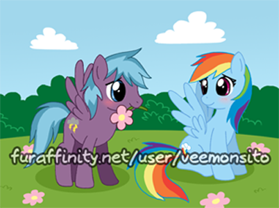 Size: 402x300 | Tagged: safe, artist:veemonsito, derpibooru import, rainbow dash, oc, blushing, canon x oc, shipping