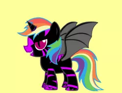 Size: 395x300 | Tagged: safe, artist:celestialking1990, derpibooru import, oc, oc:celestialking1990, oc:lightning jetstream, unofficial characters only, alicorn, bat pony, bat pony alicorn, pony, pony creator, alicorn oc, donut steel, evil grin, female, filly, grin, intentionally bad, mary sue, parody, satire, slit eyes, smiling, solo
