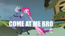 Size: 500x282 | Tagged: safe, derpibooru import, edit, edited screencap, screencap, iron will, pinkie pie, putting your hoof down, come at me bro, hub logo, image macro