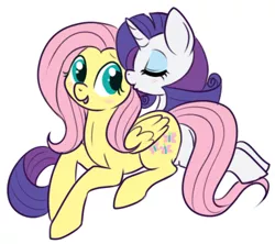 Size: 381x339 | Tagged: safe, artist:lulubell, derpibooru import, fluttershy, rarity, blushing, female, flarity, kiss on the cheek, kissing, lesbian, shipping, simple background, white background