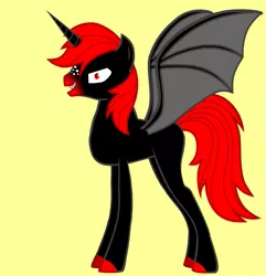 Size: 545x565 | Tagged: safe, artist:celestialking1990, derpibooru import, oc, oc:bloodfire dash, oc:bloodfire demon, unofficial characters only, alicorn, bat pony, bat pony alicorn, pony, pony creator, 9000 hours in pony creator, alicorn oc, donut steel, edgy, evil grin, familiar, freckles, grin, intentionally bad, male, mary sue, red and black oc, smiling, solo, stallion
