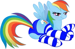 Size: 1582x1047 | Tagged: artist:illuminatiums, artist:pinkiepizzles, bedroom eyes, clothes, derpibooru import, edit, female, panties, plot, rainbow dash, recolor, simple background, socks, solo, solo female, striped socks, suggestive, trace, transparent background, underwear, vector, wingboner