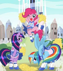 Size: 1200x1354 | Tagged: suggestive, artist:mol, derpibooru import, pinkie pie, rainbow dash, twilight sparkle, earth pony, pegasus, pony, unicorn, blushing, boots, cheerleader, cheerleader outfit, cheerleader pinkie, cheerleader rainbow dash, cheerleader sparkle, clothes, crystal, crystal empire, cutie mark on clothes, embarrassed, embarrassed underwear exposure, frilly underwear, grumpy, one eye closed, panties, panty shot, pink underwear, pixiv, pom pom, shoes, skirt, sleeveless shirt, socks, sweat, sweatdrop, underwear, upskirt, wink