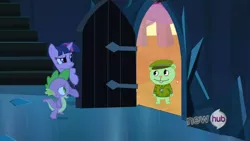 Size: 854x480 | Tagged: safe, derpibooru import, edit, edited screencap, screencap, spike, twilight sparkle, dragon, pony, unicorn, the crystal empire, crossover, door meme, exploitable meme, female, flippy, flower, forest, happy tree friends, male, mare, meme, the scary door, this will end in tears and/or death