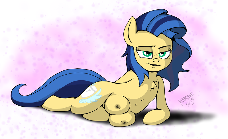 Size: 3224x1968 | Tagged: questionable, artist:killryde, derpibooru import, oc, oc:milky way, unofficial characters only, pony, bedroom eyes, chest fluff, crotchboobs, female, freckles, impossibly large crotchboobs, mare, nipples, nudity, seductive, solo, solo female